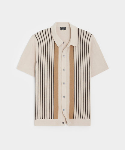 Silk-Cotton Striped Full-Placket Sweater Polo - Bisque