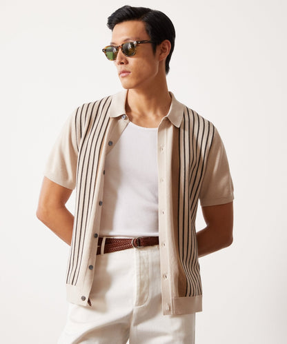 Silk-Cotton Striped Full-Placket Sweater Polo - Bisque